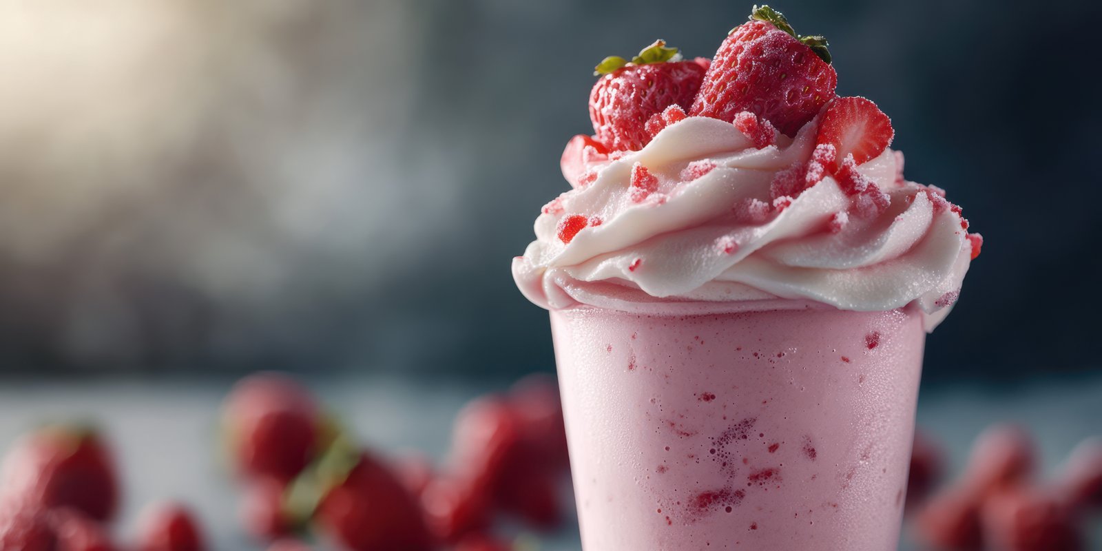 Vibrant strawberry milkshake topped with fresh berries in a casual setting